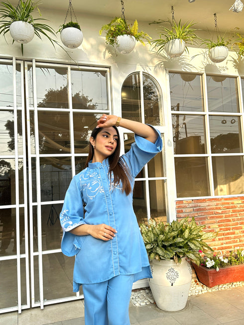 Denim Blue Embroidered Winter Fusion Set